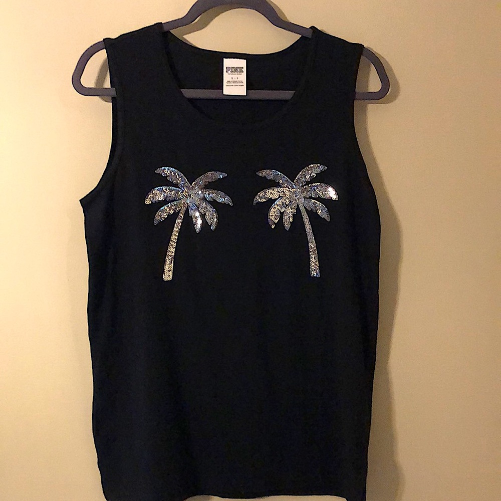 Pink (V.S.)Palm Tree Sequin Black Tank Top